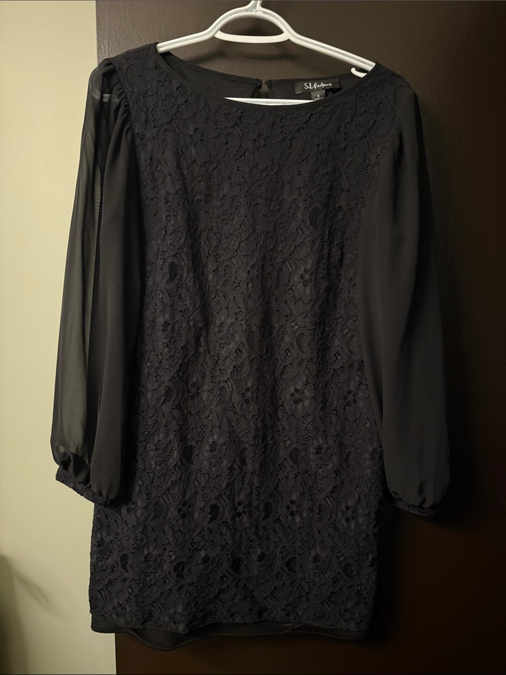SL Fashions Black Lace Long-Sleeve Shift Dress with Sheer Sleeves